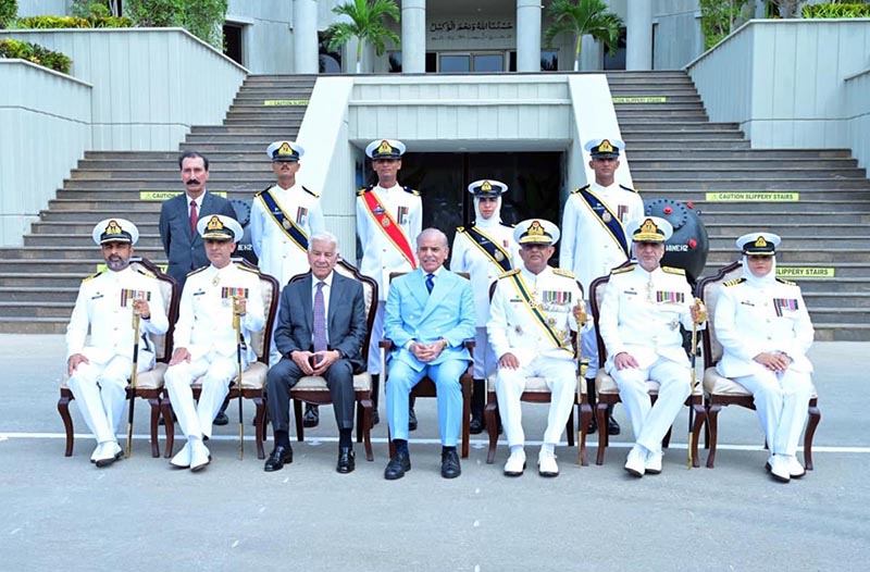 Prime Minister Muhammad Shehbaz Sharif, Defence Minister Khawaja Muhammad Asif and Chief of Naval Staff Admiral Naveed Ashraf in a group photo with the high achievers of the term at the passing out ceremony of 125th Midshipmen and 33rd SSC courses at Pakistan Naval Academy PNS Rahbar