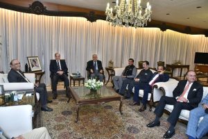 President Asif Ali Zardari in a meeting with Prime Minister Muhammad Shehbaz Sharif, members of the federal cabinet and parliamentarians at Aiwan-e-Sadr. Chairman Pakistan Peoples Party Bilawal Bhutto Zardari and Prime Minister of Azad Jammu & Kashmir Raja Faisal Mumtaz Rathore are also present.