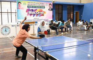 Player in action during Inter District Girls and Boys Table Tennis Championship organized by Youth Affair and Sports Department at Sports gymnasium