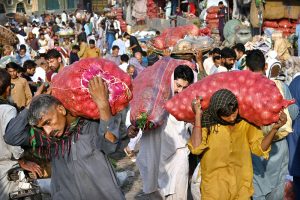Daily wagers carrying the vegetables basket on their head as people selecting and purchasing the vegetables at Fruit and Vegetable market in the Provincial Capital.
