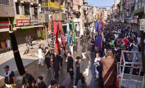 A large number of mourners participate in the 7th Muharram Zuljinah procession passing through Qissa Khawani Bazaar, observing the sacred month of Muharram-ul-Haram in remembrance of the martyrdom of Hazrat Imam Hussain (RA), grandson of the Holy Prophet Muhammad (SAWW), and his companions.