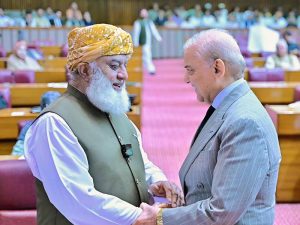 Prime Minister Muhammad Shehbaz Sharif shakes hands with President JUI-F Maulana Fazl ur Rehman in the National Assembly.