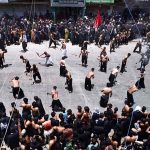 Mourners oozing themselves with knives and chains during Ashura procession at Station Road on 10th of Holy Month of Muharramul Harram. Muharram is the mourning month in remembrance of the Shahadat of Imam Hussain (RA) the grandson of the Holy Prophet Mohammad (PBUH)