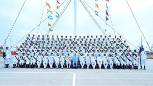 Prime Minister Muhammad Shehbaz Sharif and Chief of Naval Staff Admiral Naveed Ashraf in a group photo with the cadets of the 125th Midshipmen and 33rd SSC courses at Pakistan Naval Academy PNS Rahbar
