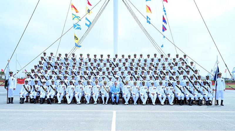 Prime Minister Muhammad Shehbaz Sharif and Chief of Naval Staff Admiral Naveed Ashraf in a group photo with the cadets of the 125th Midshipmen and 33rd SSC courses at Pakistan Naval Academy PNS Rahbar