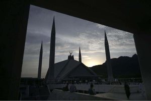 An attractive frame view of Shah Faisal Masjid during sunset in the federal capital.