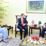 Federal Minister for Finance and Revenue, Senator Muhammad Aurangzeb, holding a meeting with Hamish Falconer, MP, Parliamentary Under-Secretary of State for the Middle East, Afghanistan and Pakistan (MENAP), United Kingdom and H.E. Ms. Jane Marriott, British High Commissioner to Pakistan at the Finance Division