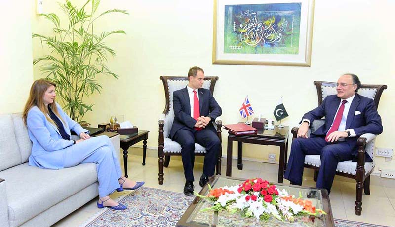 Federal Minister for Finance and Revenue, Senator Muhammad Aurangzeb, holding a meeting with Hamish Falconer, MP, Parliamentary Under-Secretary of State for the Middle East, Afghanistan and Pakistan (MENAP), United Kingdom and H.E. Ms. Jane Marriott, British High Commissioner to Pakistan at the Finance Division