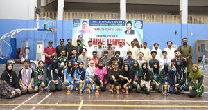 A group photo of Divisional Sports officer Rana Nadeem Anjum with players during Inter District Girls and Boys Table Tennis Championship organized by Youth Affair and Sports Department at sports gymnasium