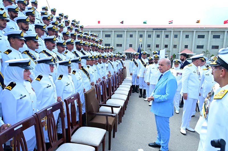 Prime Minister Muhammad Shehbaz Sharif interacts with the passed out cadets of the 125th Midshipmen and 33rd SSC courses at Pakistan Naval Academy, PNS Rahbar
