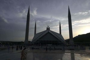 An attractive frame view of Shah Faisal Masjid during sunset in the federal capital.