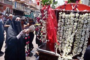 Mourners oozing themselves with knives and chains during Ashura procession at Station Road on 10th of Holy Month of Muharramul Harram. Muharram is the mourning month in remembrance of the Shahadat of Imam Hussain (RA) the grandson of the Holy Prophet Mohammad (PBUH)