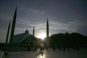 An attractive frame view of Shah Faisal Masjid during sunset in the federal capital.