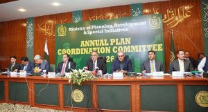 Federal Minister for Planning, Development & Special Initiatives Prof. Ahsan Iqbal delivering opening remarks at the inaugural session of the Annual Plan Coordination Committee (APCC) meeting held at the MoPDSI