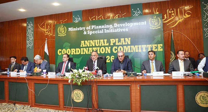 Federal Minister for Planning, Development & Special Initiatives Prof. Ahsan Iqbal delivering opening remarks at the inaugural session of the Annual Plan Coordination Committee (APCC) meeting held at the MoPDSI