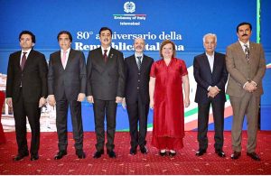 Chairman Senate, Syed Yousaf Raza Gilani, joins Ambassador of Italy to Pakistan, H.E. Marilina Armellin and distinguished guests in a cake-cutting ceremony to commemorate the National Day of the Italian Republic.