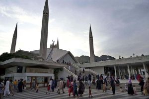 An attractive frame view of Shah Faisal Masjid during sunset in the federal capital.