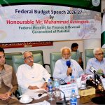 Acting President of the Multan Chamber of Commerce and Industry, Azhar Baloch, talks to media representatives after the Federal Budget 2026-27 speech at MCCI