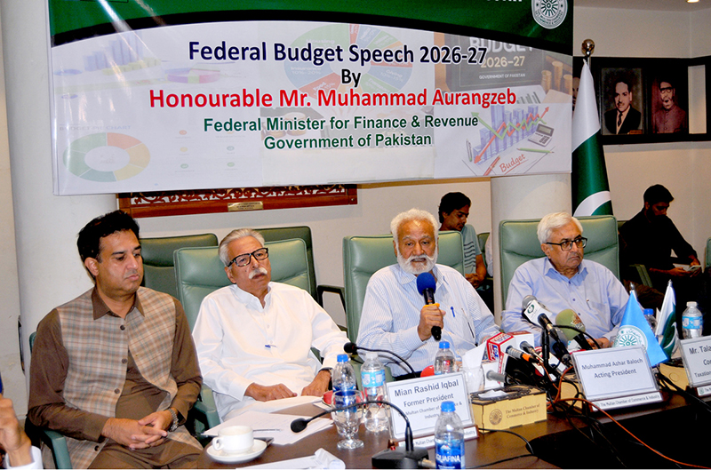 Acting President of the Multan Chamber of Commerce and Industry, Azhar Baloch, talks to media representatives after the Federal Budget 2026-27 speech at MCCI