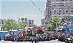 A large number of mourners attending Ashura procession on 10th of the Holy Month of Muharram-ul-Harram passing through Empress Market. Muharram is the mourning month in remembrance of the Shahadat of Hazrat Imam Hussain (RA), the Grandson of the Holy Prophet Mohammad (PBUH)