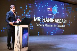 Federal Minister for Railways Muhammad Hanif Abbasi addresses the launch ceremony of the Cross-Border Logistics and Innovation Hub, aimed at enhancing connectivity and trade links between Pakistan and China, in the Federal Capital.