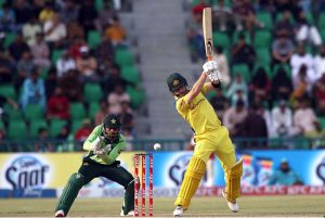 Australian Batter Josh Inglis plays a shot during the third one-day international (ODI) cricket match between Pakistan and Australia at Gaddafi Stadium.