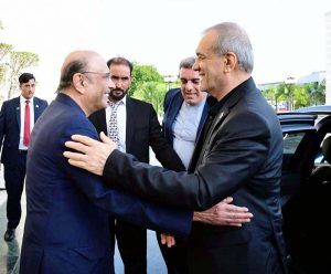 President Asif Ali Zardari receiving President of the Islamic Republic of Iran, Dr. Masoud Pezeshkian upon his arrival at Aiwan-e-Sadr.