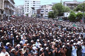 A large number of mourners attending Ashura procession on 10th of the Holy Month of Muharram-ul-Harram passing through Empress Market. Muharram is the mourning month in remembrance of the Shahadat of Hazrat Imam Hussain (RA), the Grandson of the Holy Prophet Mohammad (PBUH)
