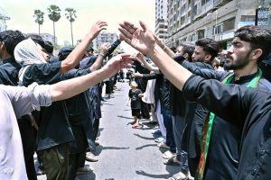 A large number of mourners attending Ashura procession on 10th of the Holy Month of Muharram-ul-Harram passing through Empress Market. Muharram is the mourning month in remembrance of the Shahadat of Hazrat Imam Hussain (RA), the Grandson of the Holy Prophet Mohammad (PBUH)