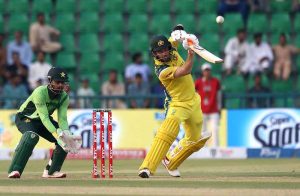 Australian batsman Josh Inglis is clean bowled by Arafat Minhas after the ball strikes the stumps during the second One Day International (ODI) at Gaddafi Stadium.