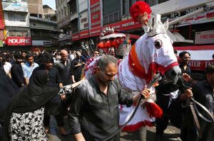 A large number of mourners attending the Zuljinah procession on 10th of the Muharram-ul-Harram passes through Qissa Khawani Bazaar. Muharram-ul-Harram is known as the first month of the Islamic calendar and the mourning month in remembrance of the martyrdom (Shahadat) of Hazrat Imam Hussain (RA), the grandson of the Holy Prophet Mohammad (PBUH)