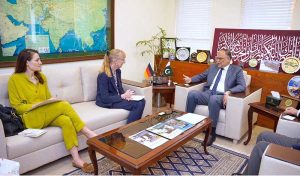 Federal Minister for Planning, Development and Special Initiatives Ahsan Iqbal in a meeting with Ambassador of the Federal Republic of Germany to Pakistan, H.E. Ms. Ina Lepel, during a courtesy call at the Ministry of Planning, Development and Special Initiatives