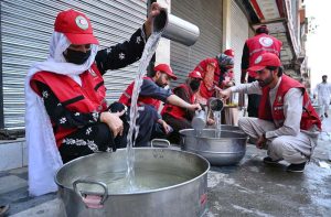ICRC volunteers preparing summer drink to serve the mourners attending the procession on 10th of the Muharram-ul-Harram at Kuchi Bazaar. Muharram-ul-Harram is known as the first month of the Islamic calendar and the mourning month in remembrance of the martyrdom (Shahadat) of Hazrat Imam Hussain (RA), the grandson of the Holy Prophet Mohammad (PBUH)