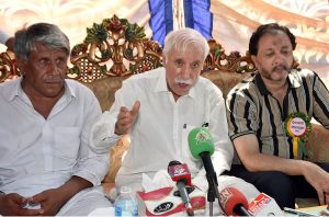Federal Minister for Investment Board Qaiser Ahmed Sheikh talks to media during a free medical camp organized under the supervision of Islamia Hospital at Chak no 134 Loony Wala