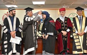 Advisor to the Chief Minister on Health, Major General (Retd) Professor Dr. Azhar Mahmood Kiani, distributes medals and degrees among students during the second convocation of Sargodha Medical College