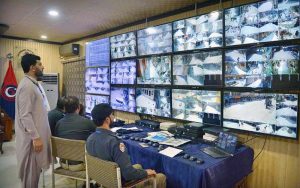 Security officials monitor CCTV cameras at Kabli Police Station to ensure the security of Muharram-ul-Haram procession routes in the city.