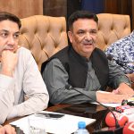 President of the Chamber of Commerce Syed Ehtesham Mazhar Gilani addresses a media briefing on the Federal Budget 2026–27 along with members of the trade body
