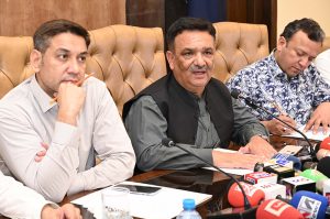 President of the Chamber of Commerce Syed Ehtesham Mazhar Gilani addresses a media briefing on the Federal Budget 2026–27 along with members of the trade body