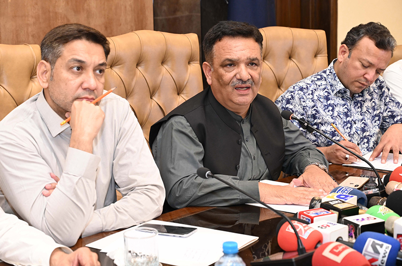 President of the Chamber of Commerce Syed Ehtesham Mazhar Gilani addresses a media briefing on the Federal Budget 2026–27 along with members of the trade body