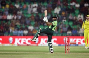 Pakistani batsman Ghazi Ghori plays a shot during the second One-Day International (ODI) cricket match between Pakistan and Australia at Gaddafi Stadium.
