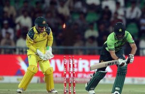 Pakistani batsman Ghazi Ghori plays a shot during the second One-Day International (ODI) cricket match between Pakistan and Australia at Gaddafi Stadium.