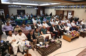 Chairman BMG Zubair Motiwala, along with Acting President KCCI Mohammad Raza and members of the business community, listen to the Federal Budget 2026–27 speech by Finance Minister Muhammad Aurangzeb during a live broadcast at the Karachi Chamber of Commerce & Industry (KCCI) Auditorium