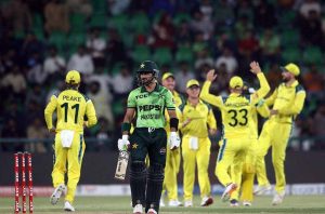 Pakistani batsman Ghazi Ghori plays a shot during the second One-Day International (ODI) cricket match between Pakistan and Australia at Gaddafi Stadium.