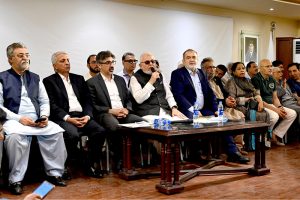 Chairman BMG Zubair Motiwala, along with Acting President KCCI Mohammad Raza and members of the business community, listen to the Federal Budget 2026–27 speech by Finance Minister Muhammad Aurangzeb during a live broadcast at the Karachi Chamber of Commerce & Industry (KCCI) Auditorium