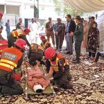 Rescue 1122 personnel conduct a mock exercise at Central Imam Bargah to prepare for emergency response situations