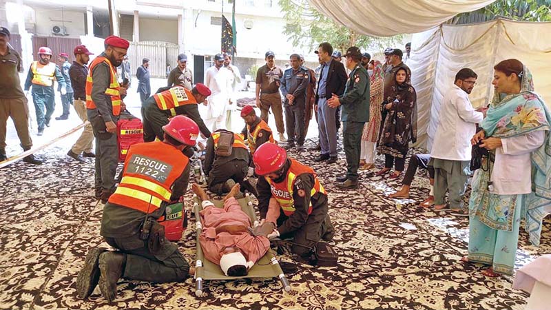 Rescue 1122 personnel conduct a mock exercise at Central Imam Bargah to prepare for emergency response situations