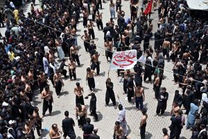 A large number of mourners attending a procession on 10th of the Holy Month of Muharram-ul-Harram. Muharram-ul-Harram is the first month of the Islamic calendar known as the mourning month in remembrance of the martyrdom (Shahadat) of Hazrat Imam Hussain (RA), the grandson of the Holy Prophet Muhammad (PBUH)
