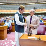 Prime Minister Muhammad Shehbaz Sharif meets with the Parliamentarians during the budget session of the National Assembly