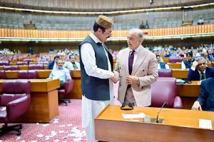 Prime Minister Muhammad Shehbaz Sharif meets with the Parliamentarians during the budget session of the National Assembly