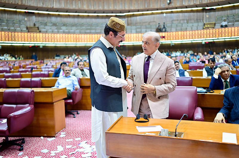 Prime Minister Muhammad Shehbaz Sharif meets with the Parliamentarians during the budget session of the National Assembly